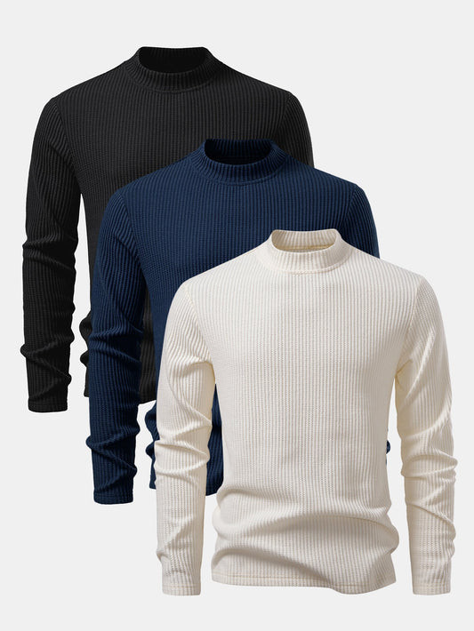 3 Pieces Long Sleeve Waffle Mock Neck T-Shirt