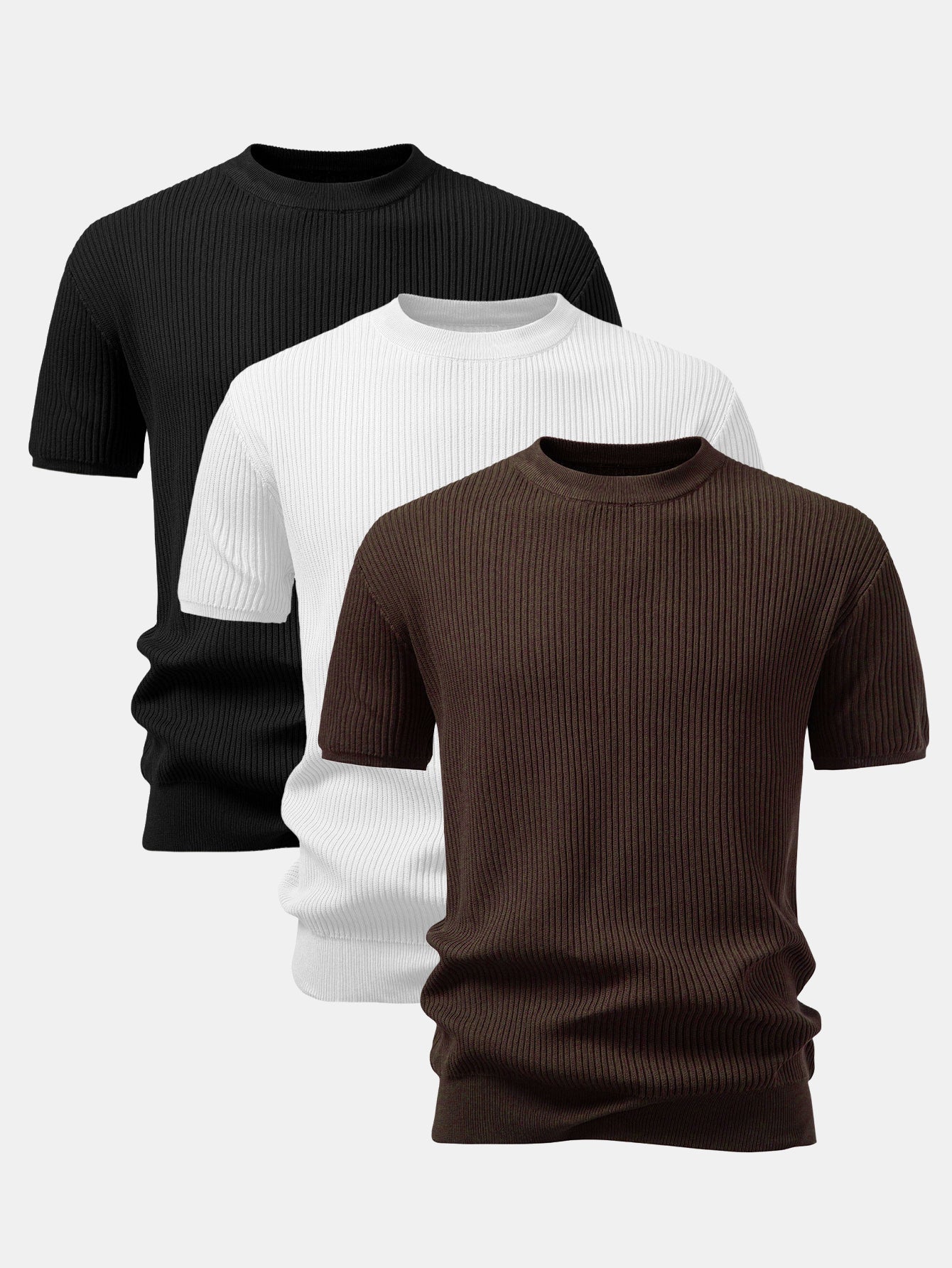 3 Pieces Ribbed Crew Neck Knit T-Shirt