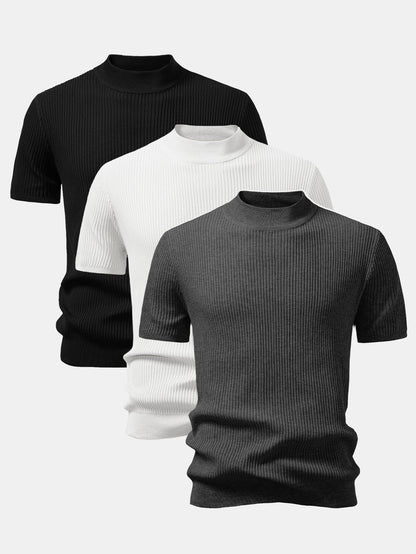 3 Pieces Ribbed Mock Neck Knit T-Shirt