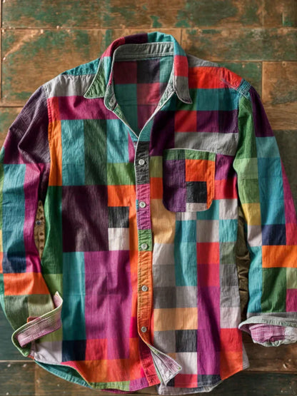 Relaxed Fit Long Sleeve Patchwork Shirt