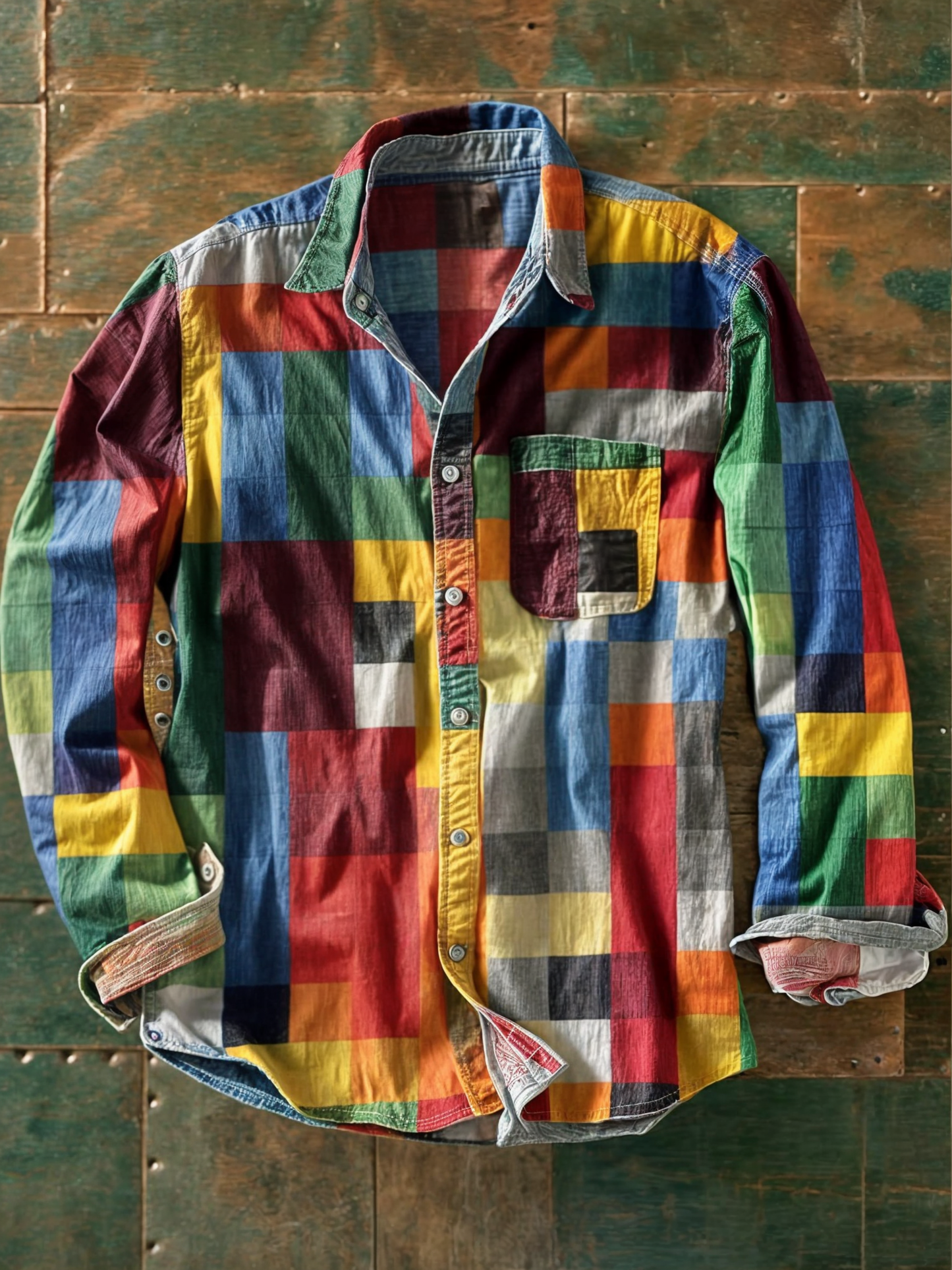 Relaxed Fit Long Sleeve Patchwork Shirt