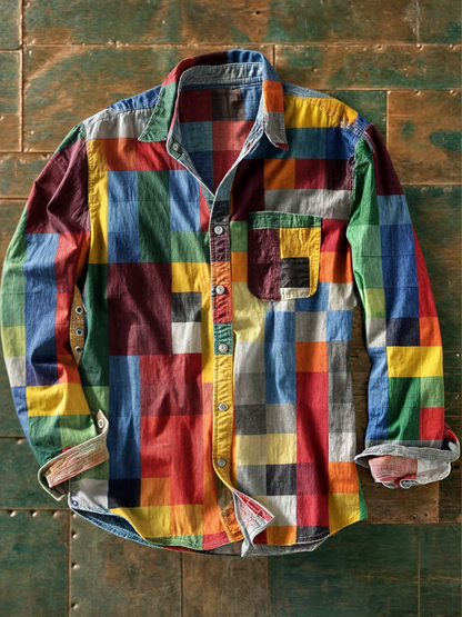 Relaxed Fit Long Sleeve Patchwork Shirt
