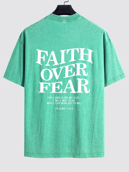 Faith Over Fear Print Washed Distressed Drop Shoulder T-Shirt