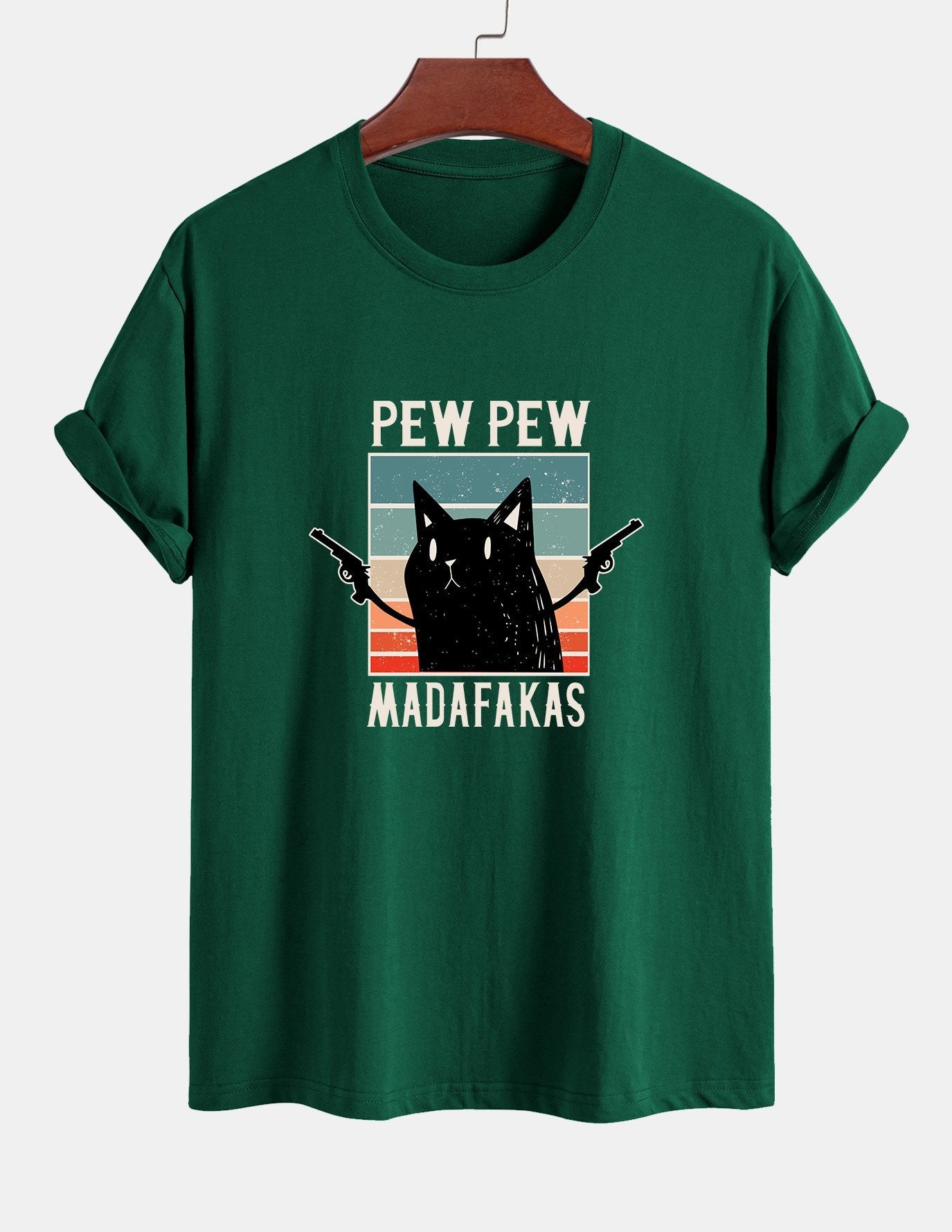 تي شيرت قطن بتصميم قطة سوداء بمقاس عادي - PEW PEW MADAFAKAS