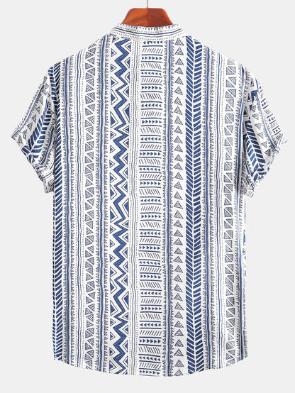 Tribal Geometric Print Half Placket Henley Collar Shirt