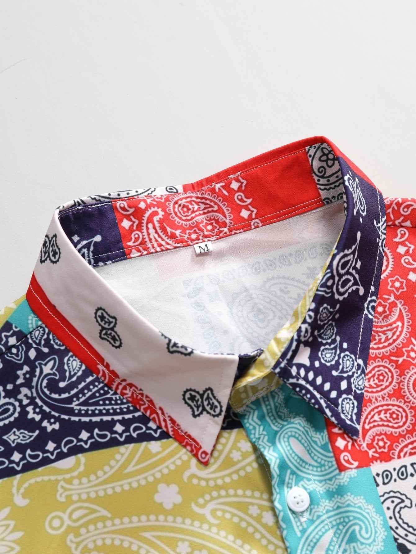Color Block Paisley Print Button Up Shirt