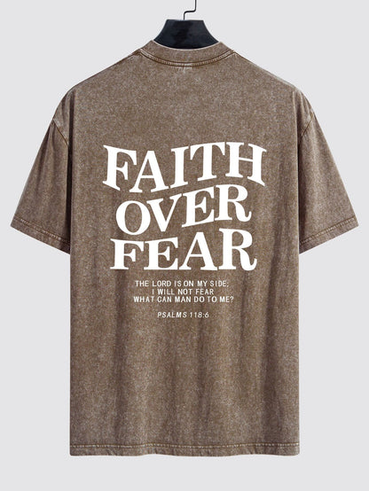 Faith Over Fear Print Washed Distressed Drop Shoulder T-Shirt