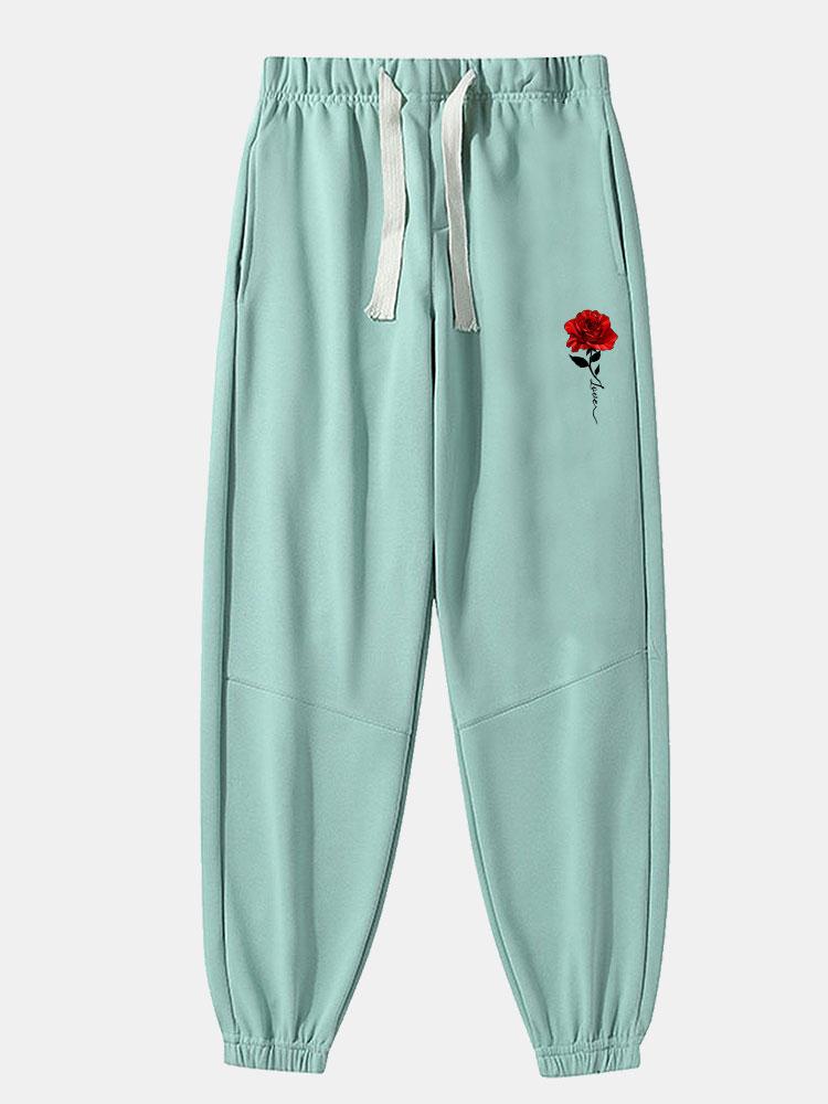 Rose Print Cotton Blend Jogger Pants