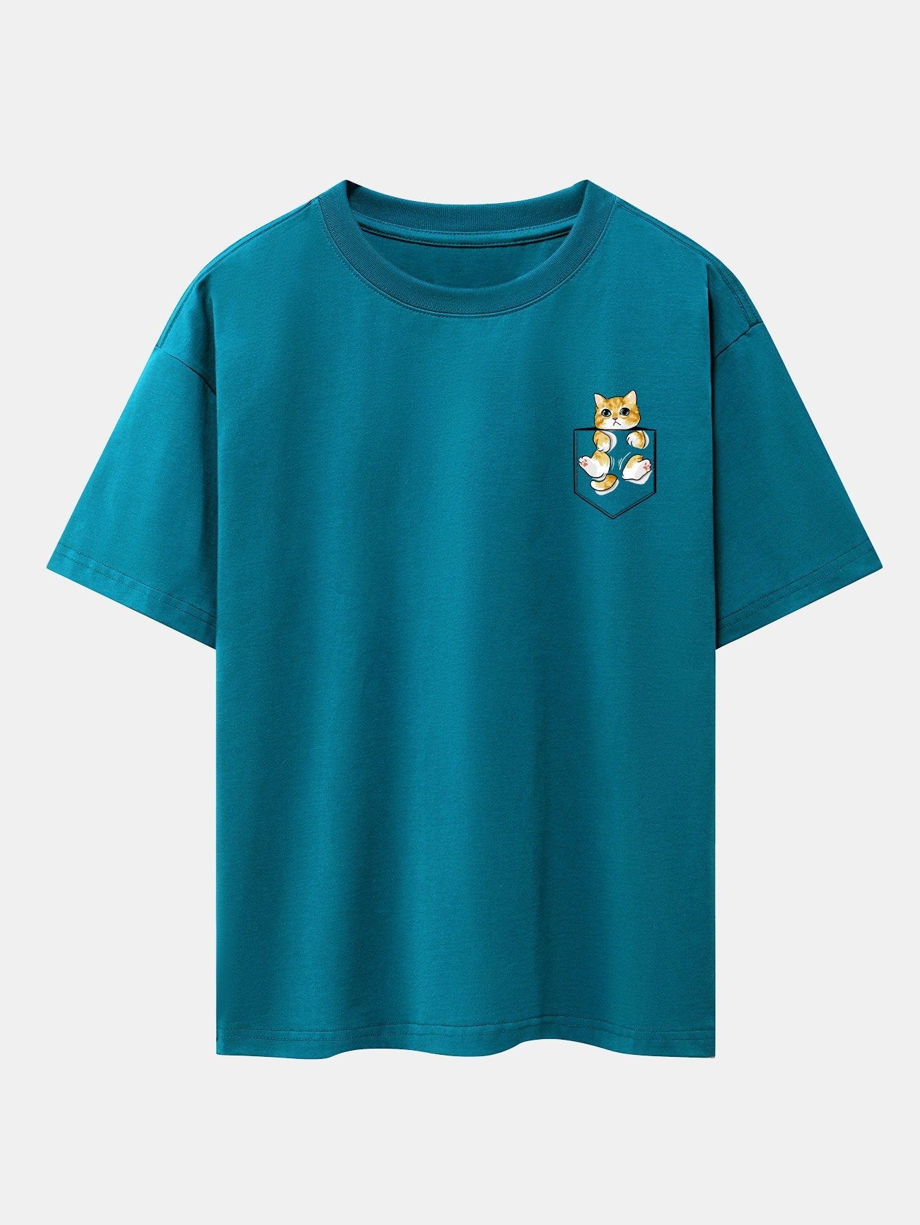 Pocket Cat Print Drop Shoulder Oversize T-Shirt