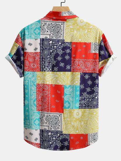 Color Block Paisley Print Button Up Shirt