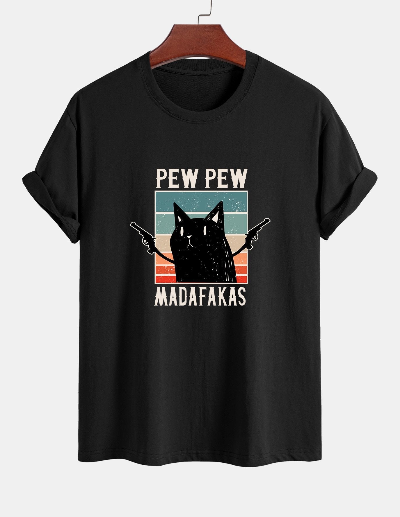 تي شيرت قطن بتصميم قطة سوداء بمقاس عادي - PEW PEW MADAFAKAS