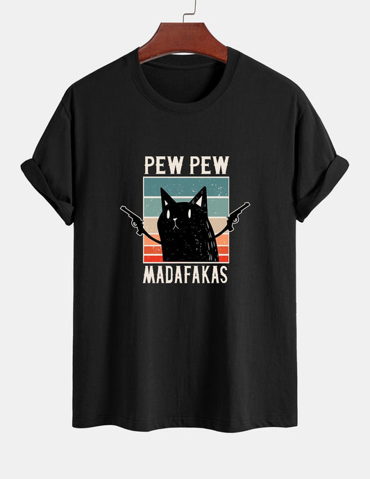 تي شيرت قطن بتصميم قطة سوداء بمقاس عادي - PEW PEW MADAFAKAS