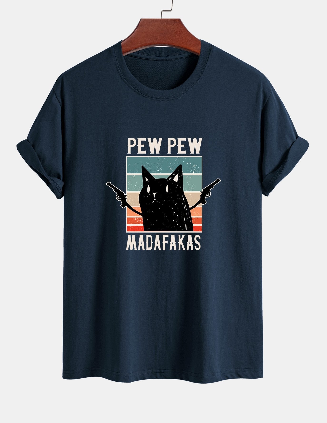 تي شيرت قطن بتصميم قطة سوداء بمقاس عادي - PEW PEW MADAFAKAS
