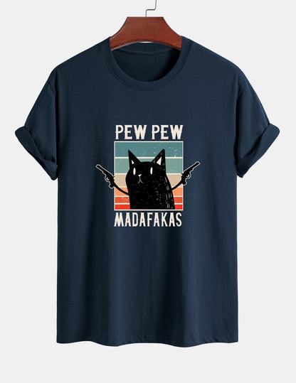 تي شيرت قطن بتصميم قطة سوداء بمقاس عادي - PEW PEW MADAFAKAS