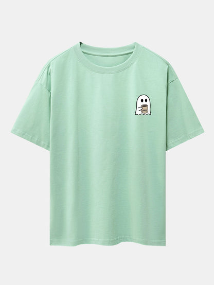Ghost Drinking Coffee Print Drop Shoulder Oversize T-Shirt