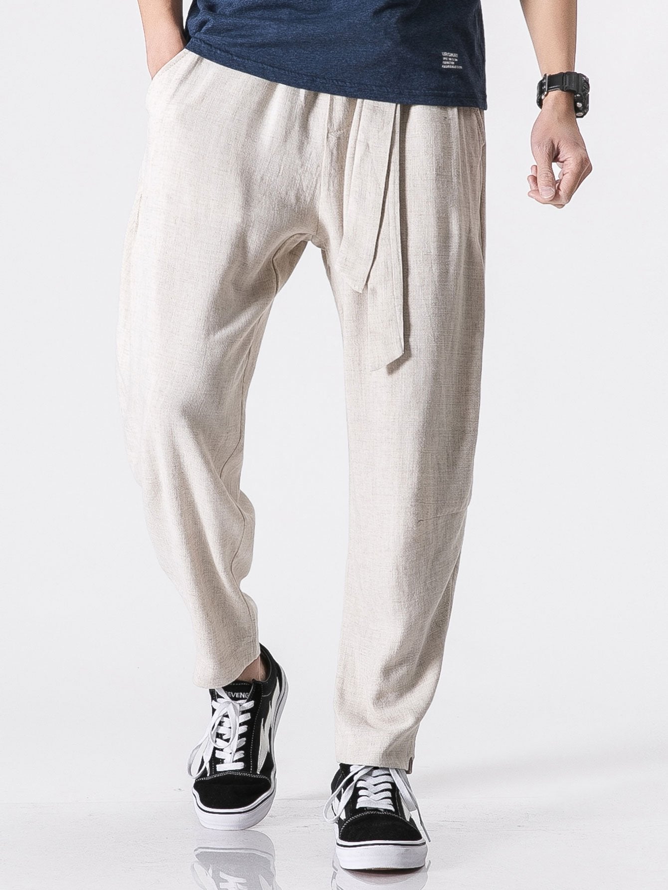 Detachable Belt Relax Fit Linen And Cotton Blend Harem Pants