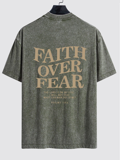 Faith Over Fear Print Washed Distressed Drop Shoulder T-Shirt