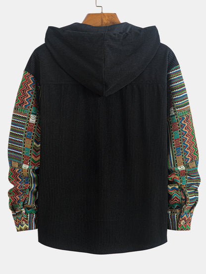 Relax Fit Ethnic Geometric Corduroy Patchwork Hooded Shirt # Random Pattern Design #