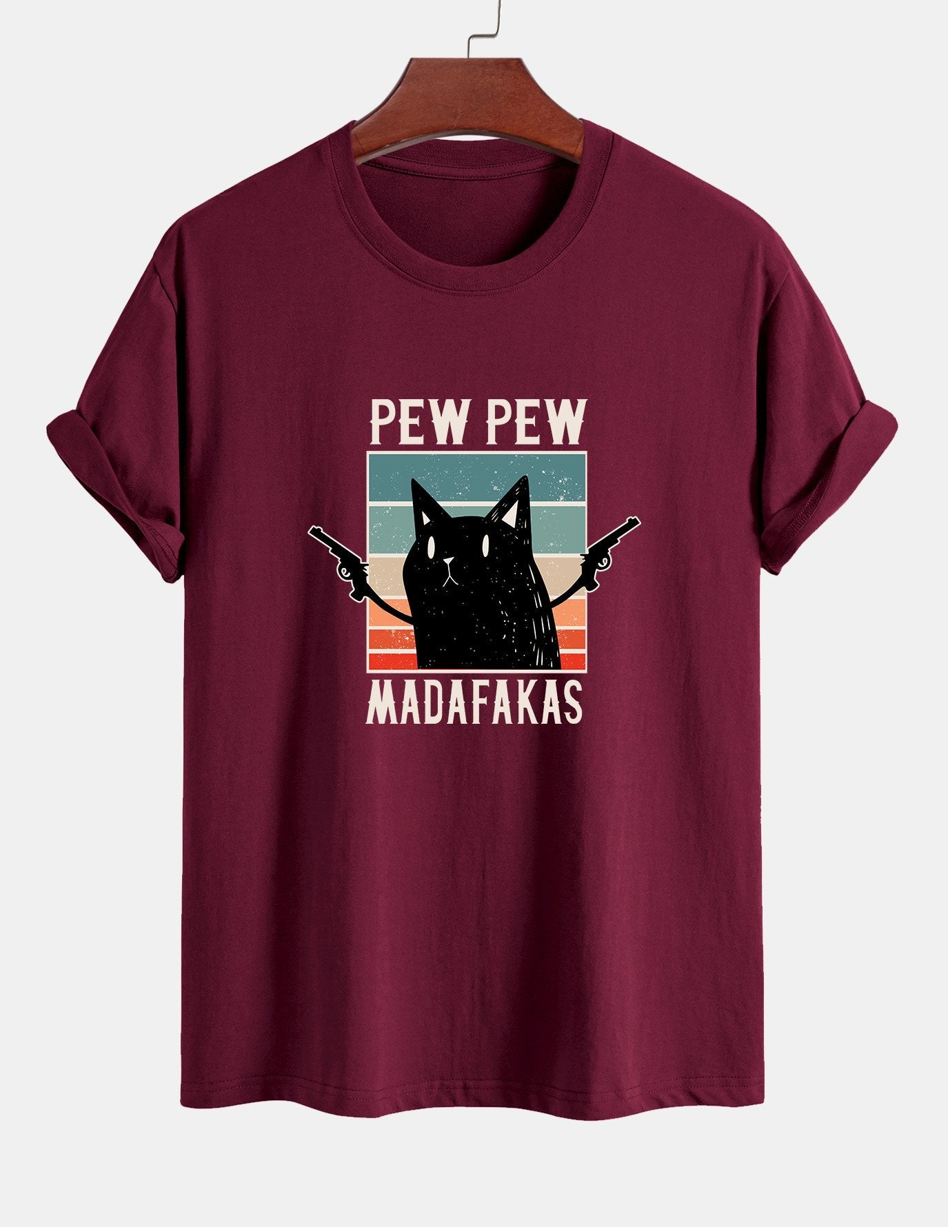 تي شيرت قطن بتصميم قطة سوداء بمقاس عادي - PEW PEW MADAFAKAS