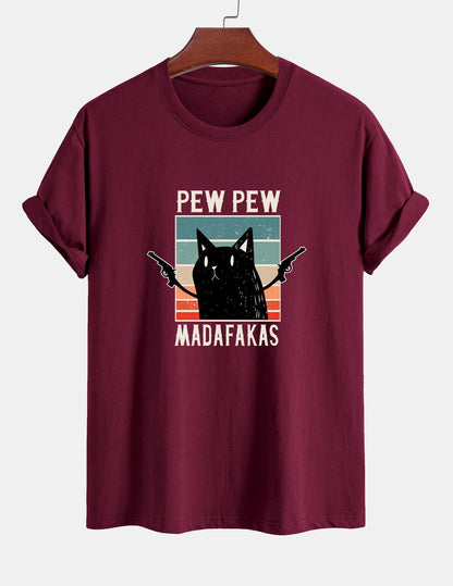 تي شيرت قطن بتصميم قطة سوداء بمقاس عادي - PEW PEW MADAFAKAS