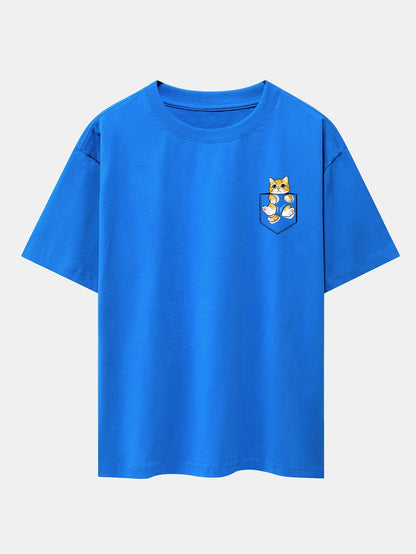 Pocket Cat Print Drop Shoulder Oversize T-Shirt
