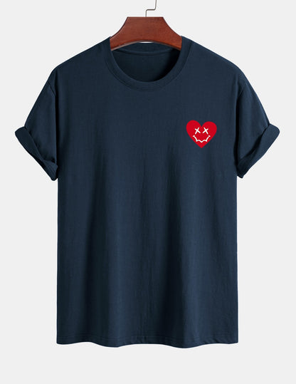 Regular Fit Heart Smiley Face Print Cotton T-Shirt