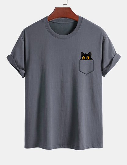 Regular Fit Pocket Black Cat Print Cotton T-Shirt