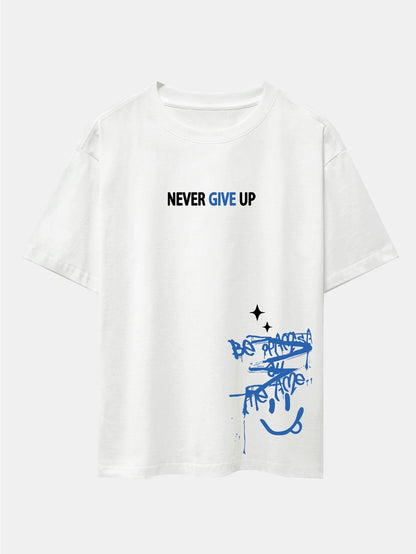 Never Give Up Smiley Face Print Drop Shoulder Oversize T-Shirt