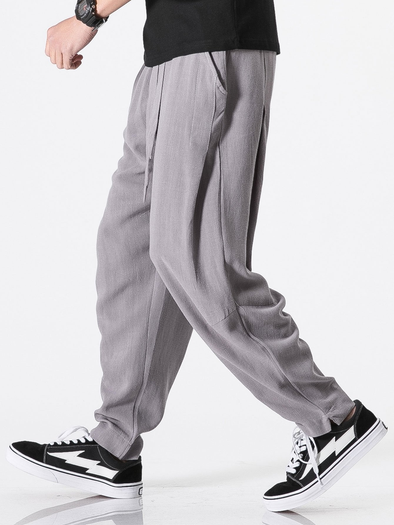 Detachable Belt Relax Fit Linen And Cotton Blend Harem Pants