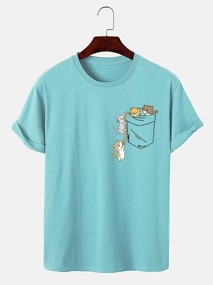 Cute Pocket Cat Print T-Shirt