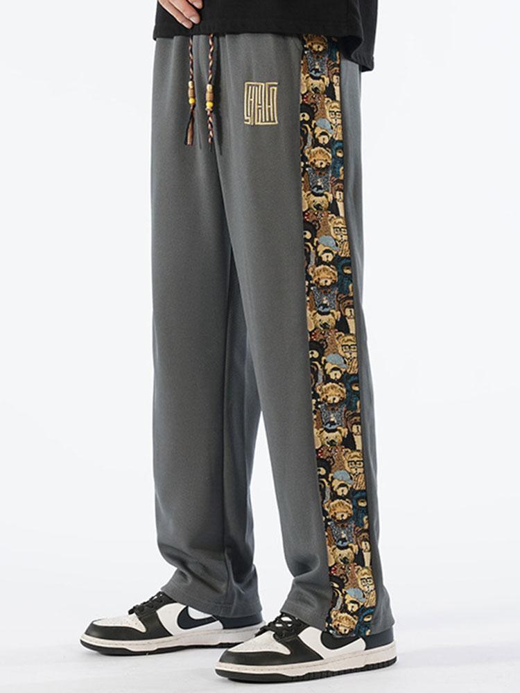 Bear Print Patchwork Straight Leg Pants