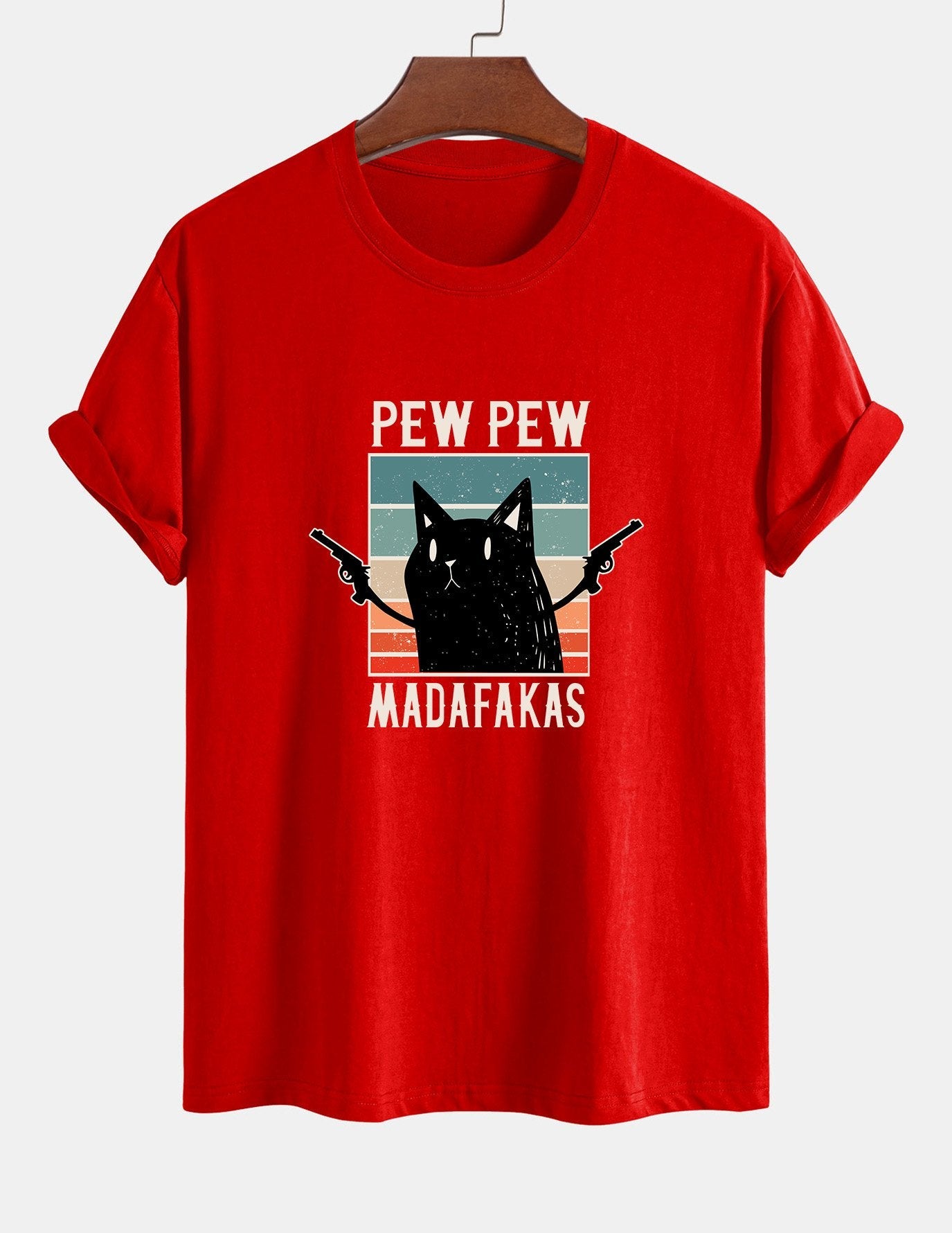 تي شيرت قطن بتصميم قطة سوداء بمقاس عادي - PEW PEW MADAFAKAS