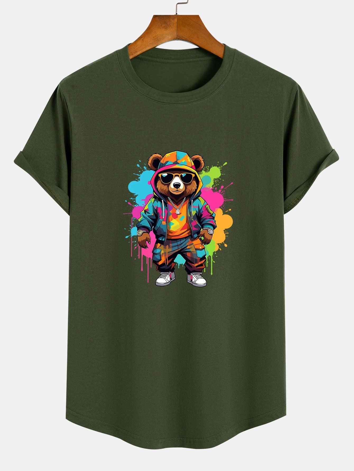 Graffiti Bear Print Cotton Arc Hem T-Shirt