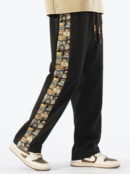 Bear Print Patchwork Straight Leg Pants