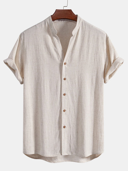 Short Sleeve V Neck Linen Rayon Blend Shirt