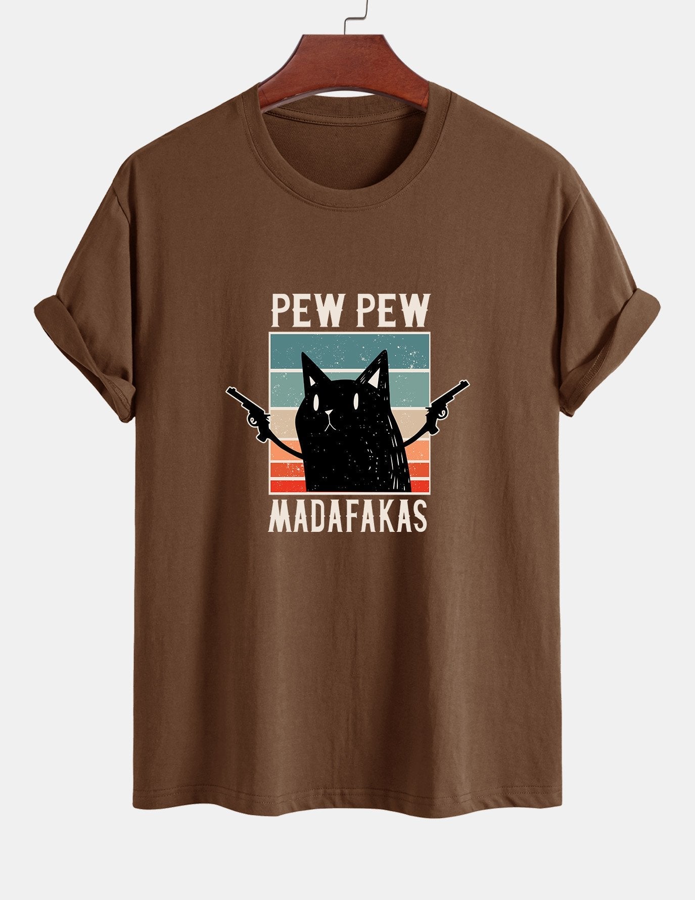 تي شيرت قطن بتصميم قطة سوداء بمقاس عادي - PEW PEW MADAFAKAS