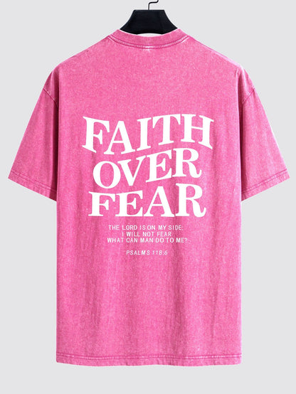Faith Over Fear Print Washed Distressed Drop Shoulder T-Shirt